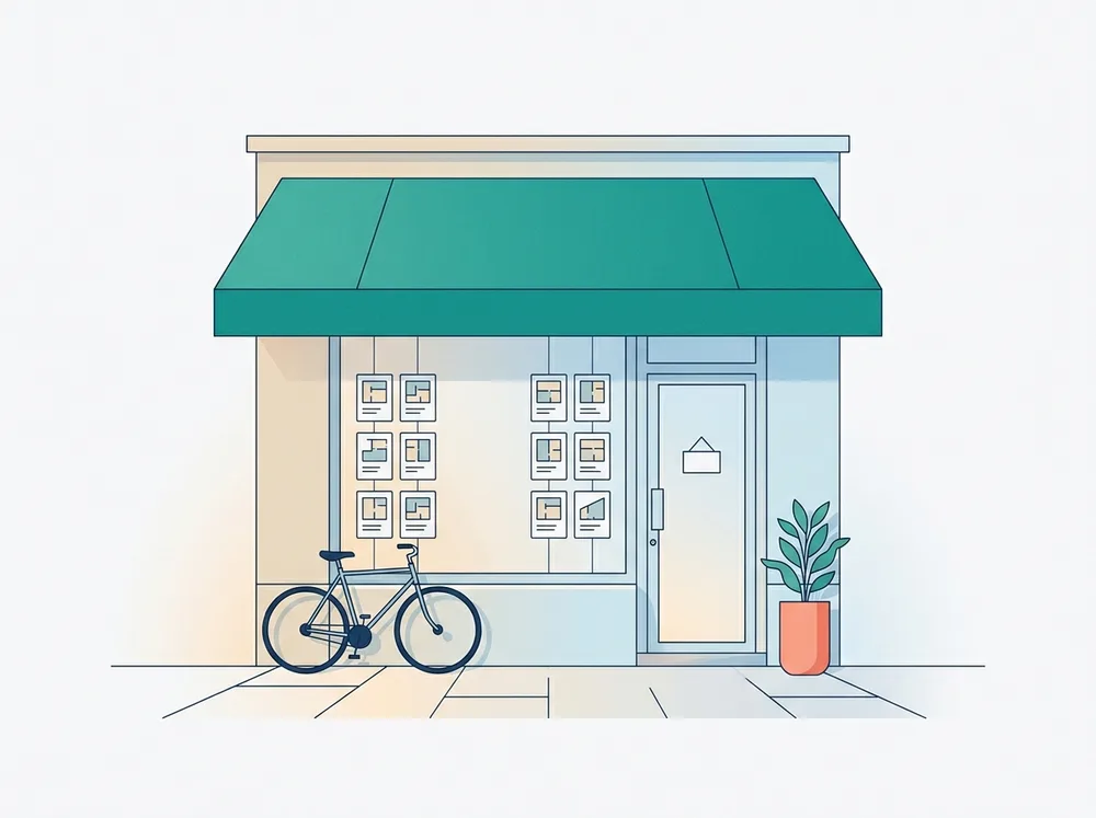 Illustration : la devanture d'une agence immobilière, store teal déployé et vitrine couverte d'annonces.