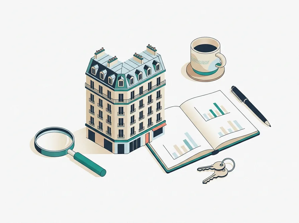 Illustration : un bureau vu de dessus avec la maquette d'un immeuble haussmannien, un carnet de graphiques, un trousseau de clés et une loupe.