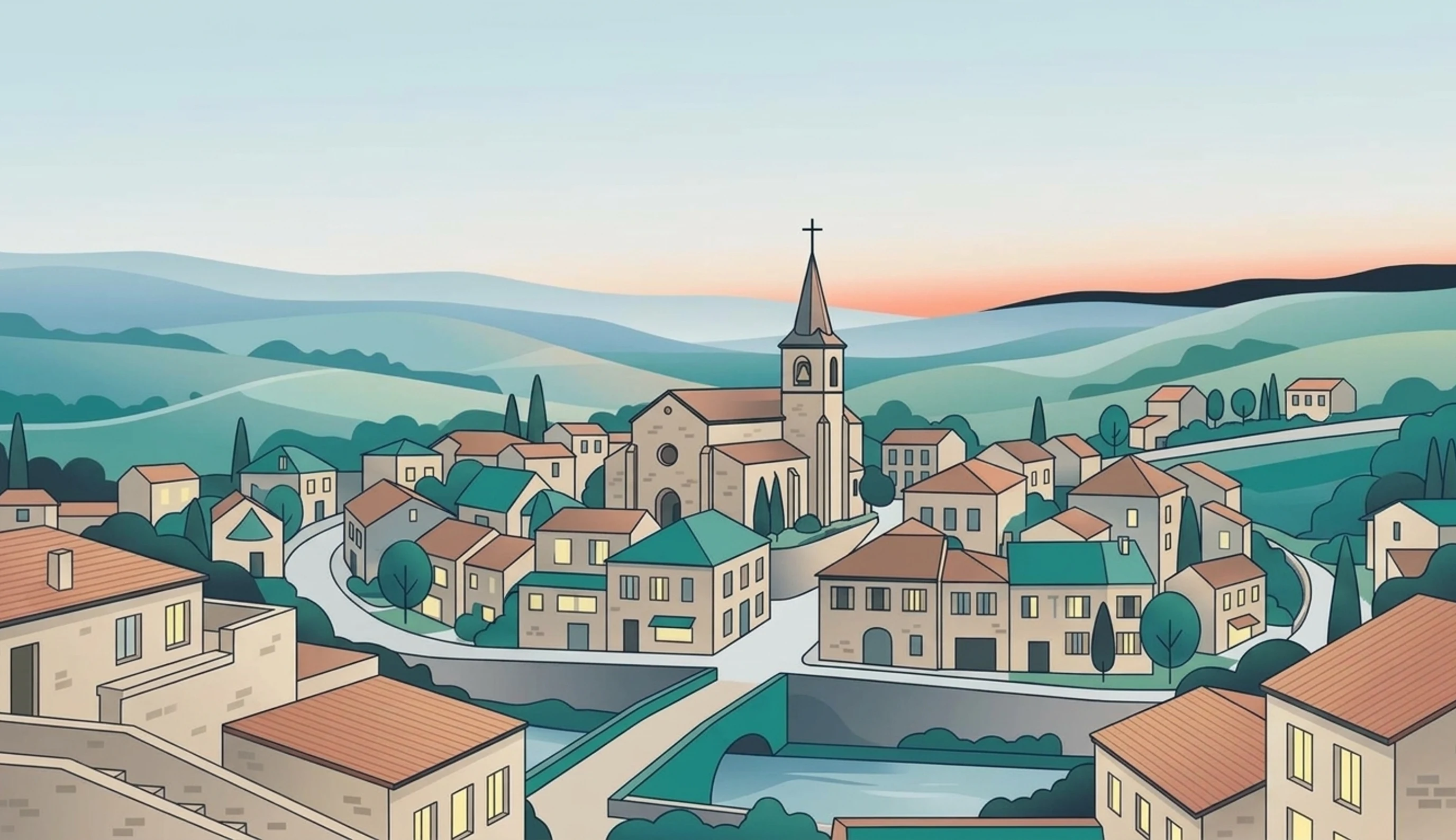 Illustration : un village français au crépuscule, fenêtres allumées, collines en arrière-plan.