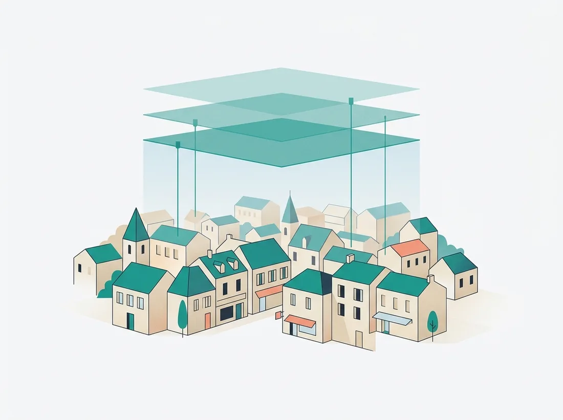 Illustration : une petite ville française vue en légère plongée, surmontée de trois strates de données teal translucides reliées à certains quartiers.